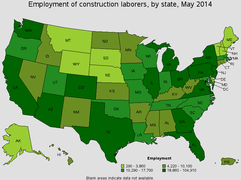 Employment of construction laborers by state